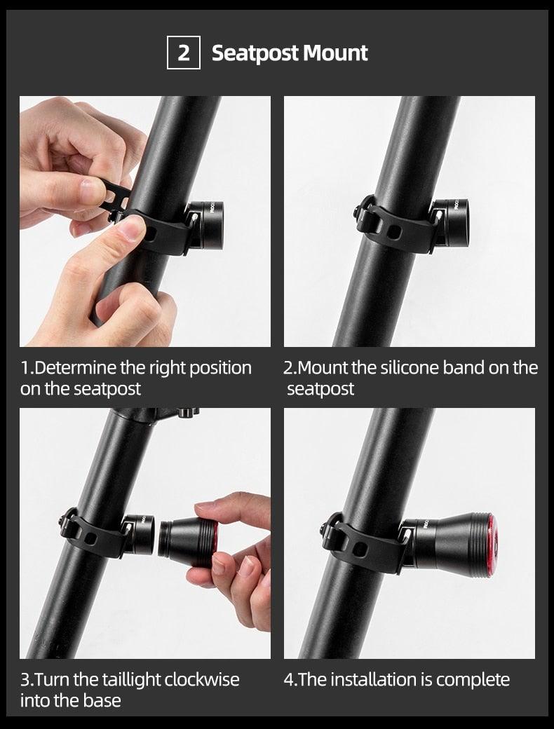 Feu arrière de vélo LED rechargeable USB intelligent avec capteur de frein