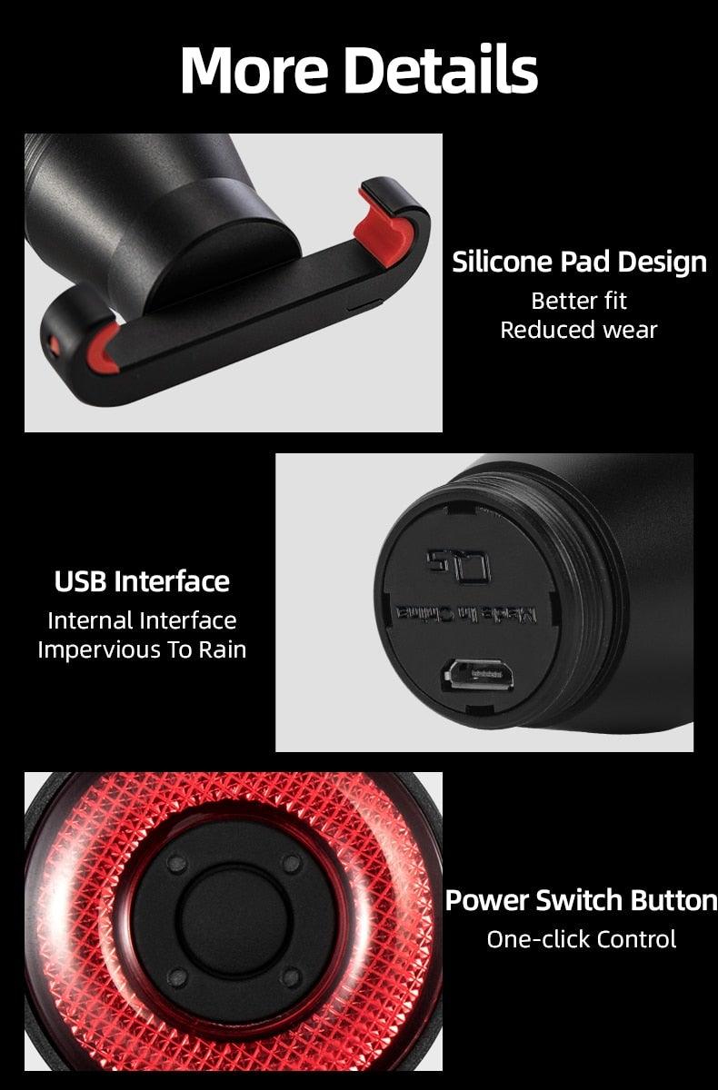 Feu arrière de vélo LED rechargeable USB intelligent avec capteur de frein