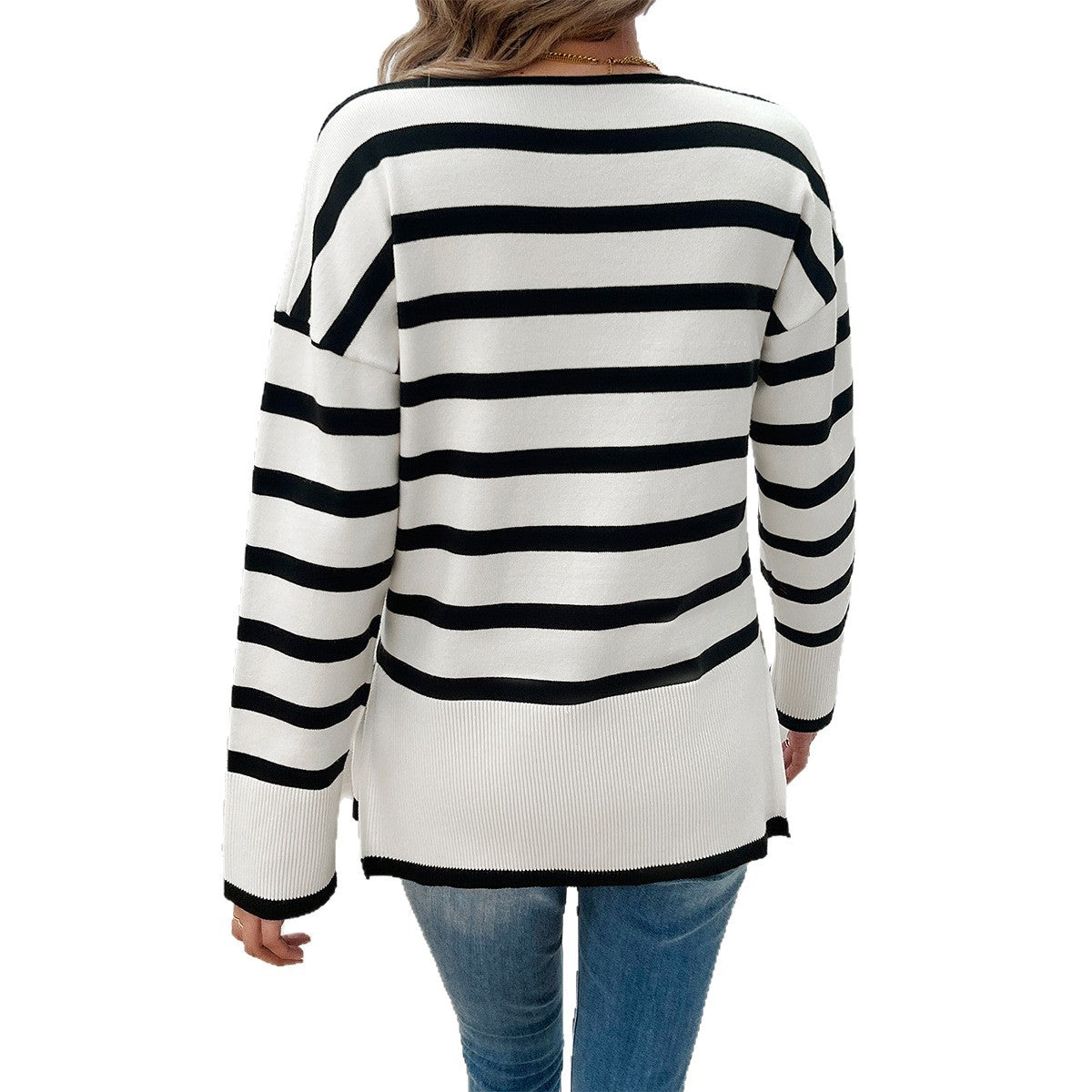 Leisure vacation style contrasting striped long sleeved sweater - Korvel