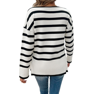 Leisure vacation style contrasting striped long sleeved sweater - Korvel