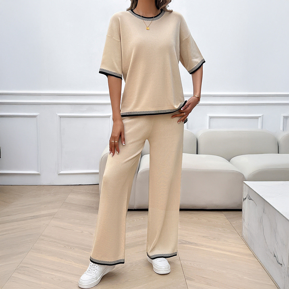 Leisure vacation style simple short sleeved women's straight pants set - Korvel