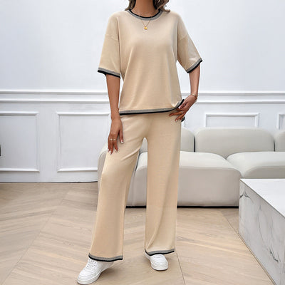 Leisure vacation style simple short sleeved women's straight pants set - Korvel