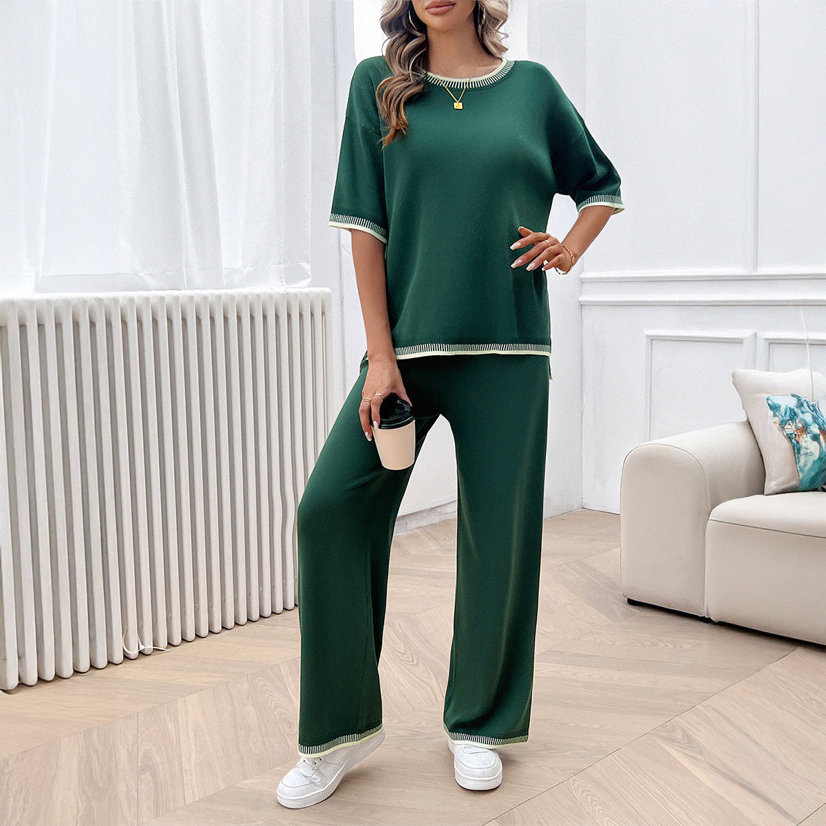 Leisure vacation style simple short sleeved women's straight pants set - Korvel