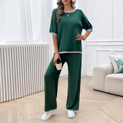 Leisure vacation style simple short sleeved women's straight pants set - Korvel
