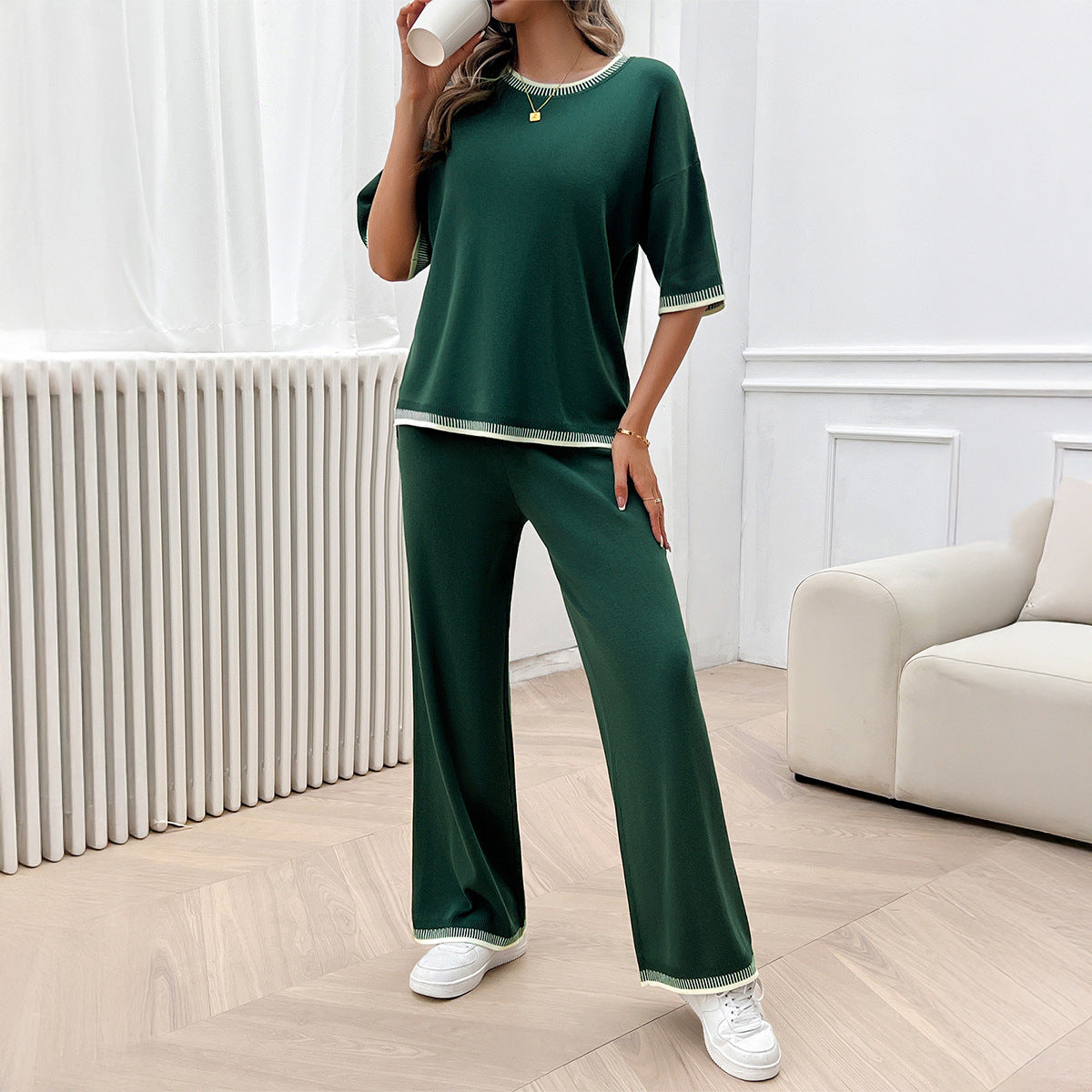 Leisure vacation style simple short sleeved women's straight pants set - Korvel
