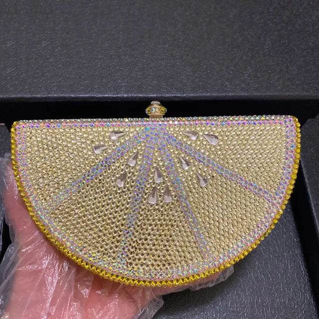 Lemon Shape AB/Gold Rhinestone Small Women Shoulder Bag Luxury Designer Lady Girls Evening Clutches Wedding Party Chain Purse - Korvel