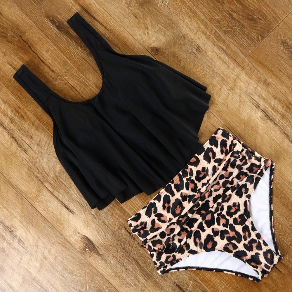 Ensemble de bikini à taille haute à volants Allure Léopard pour femmes