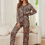 Leopard Button Up Long Sleeve Top and Pants Lounge Set - Korvel