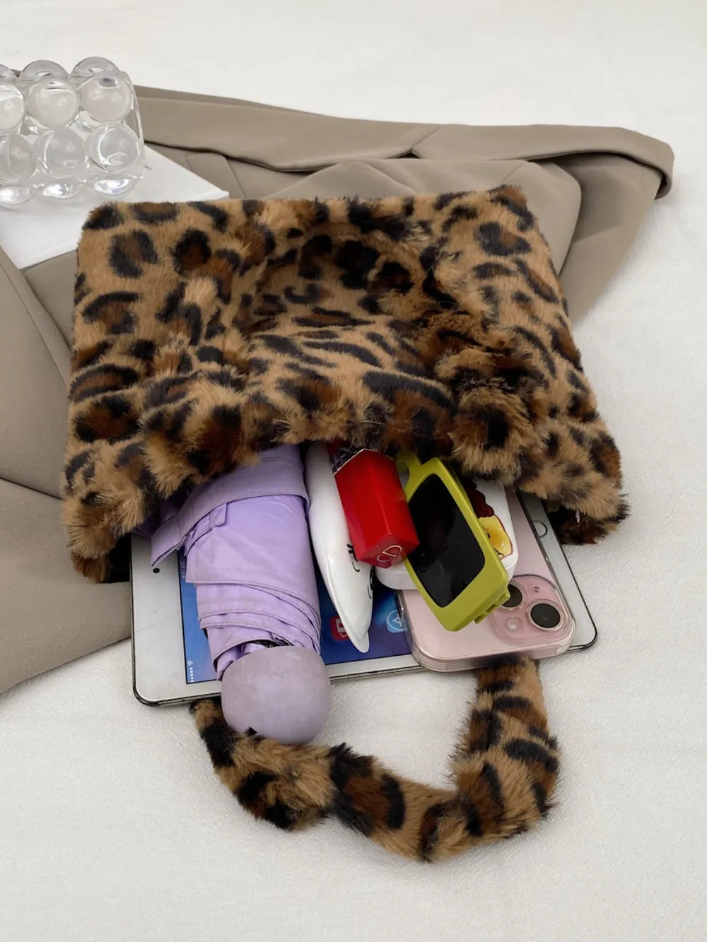 Leopard Fluff Handbag with Zip - Korvel