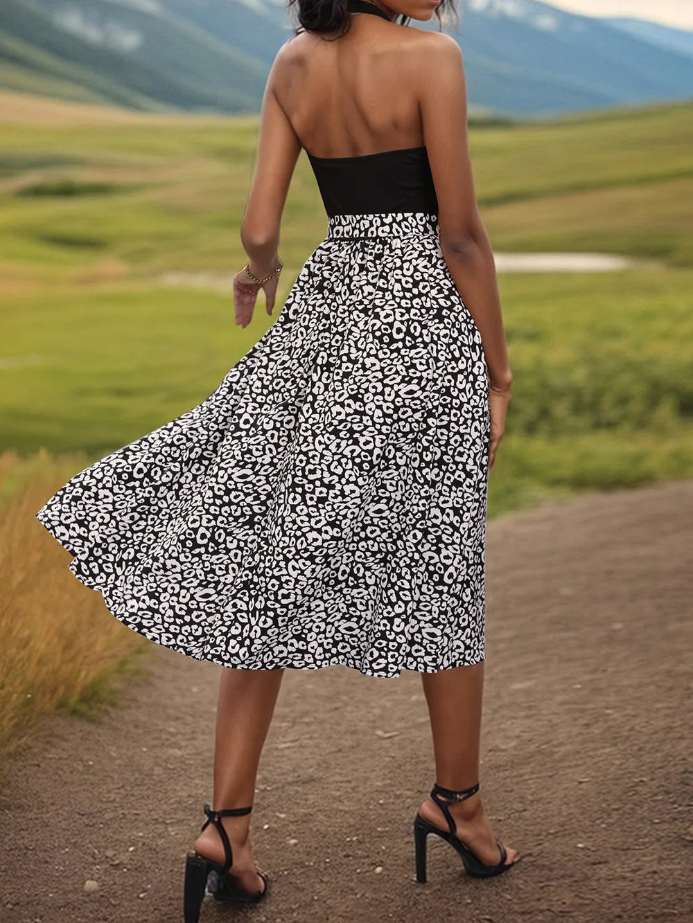 Robe Midi à Col Halter Léopard