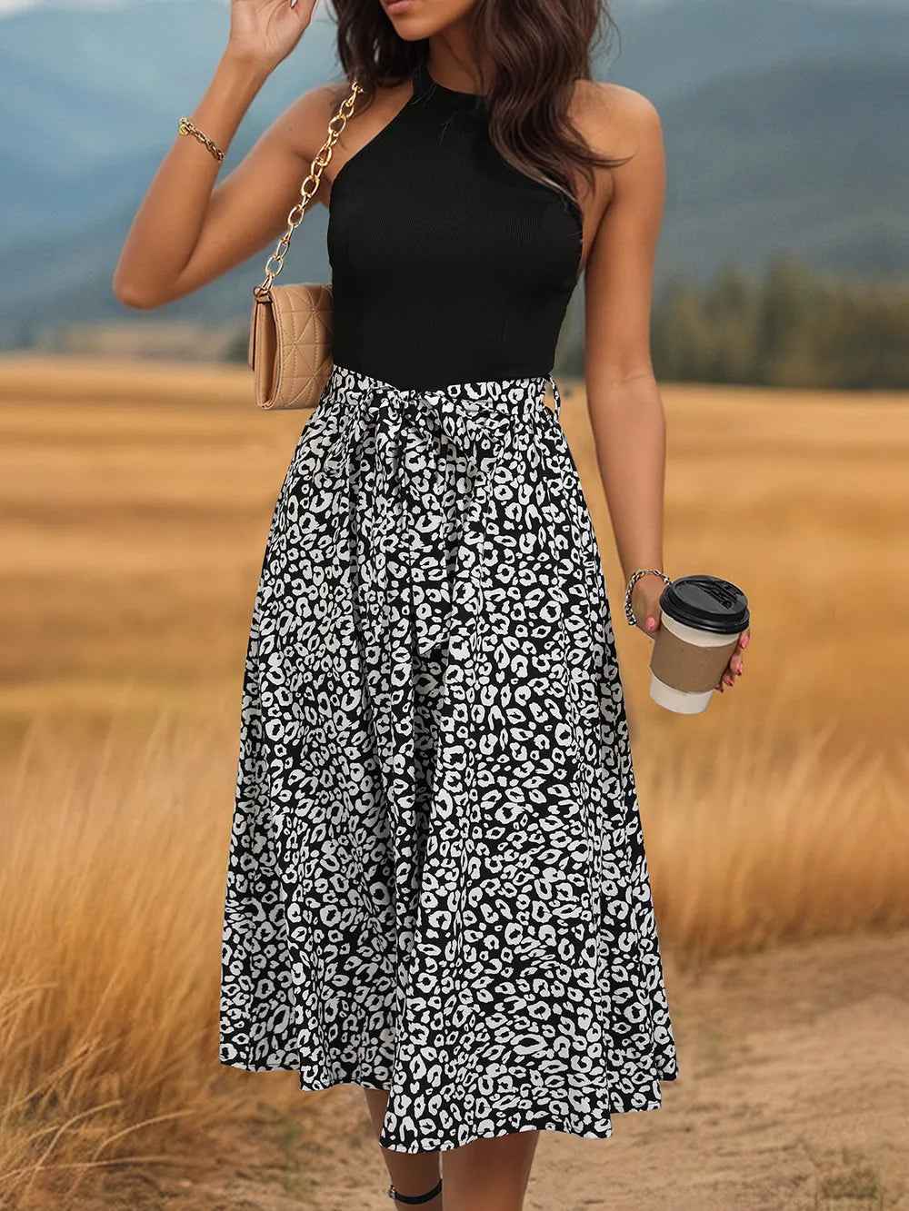 Robe Midi à Col Halter Léopard