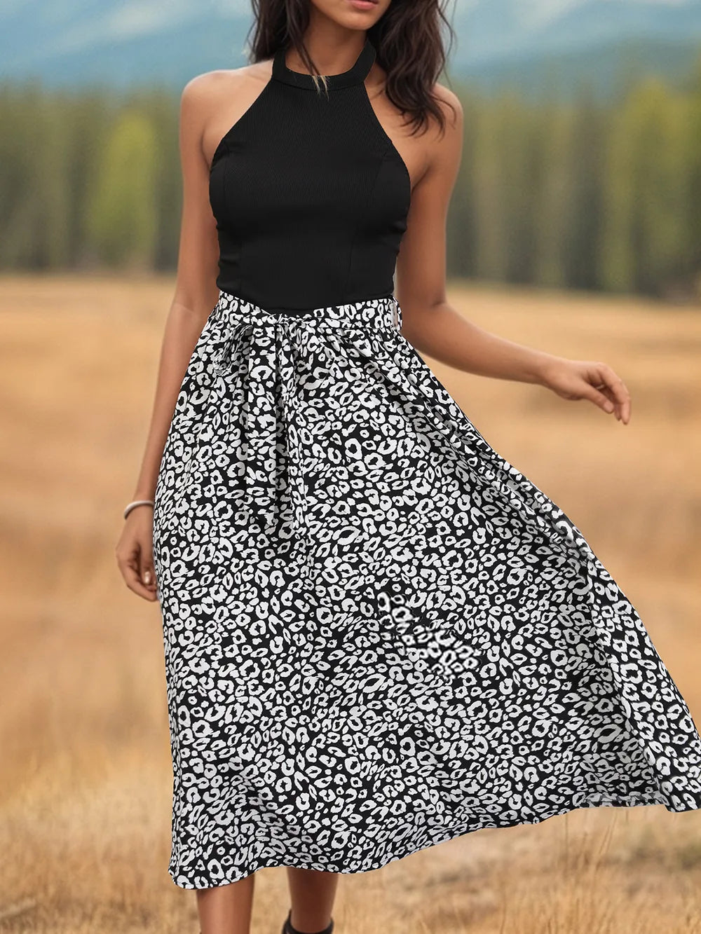 Robe Midi à Col Halter Léopard