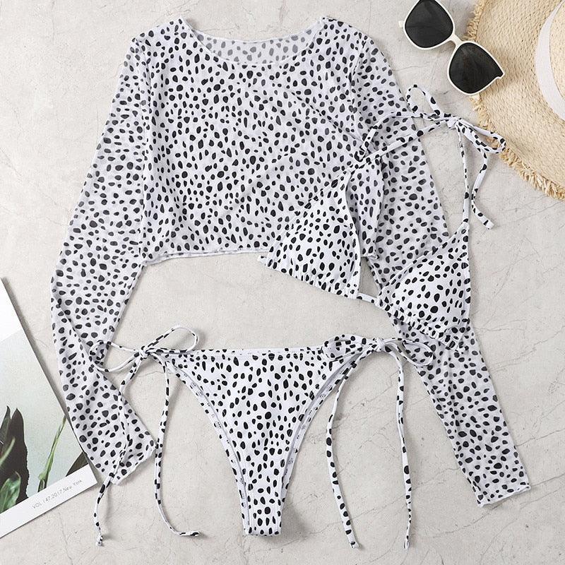 Leopard Print 3 Piece Swimsuit Set with Long Sleeves