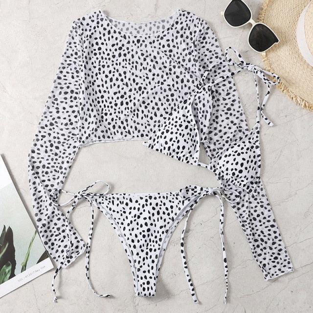 Leopard Print 3 Piece Swimsuit Set with Long Sleeves