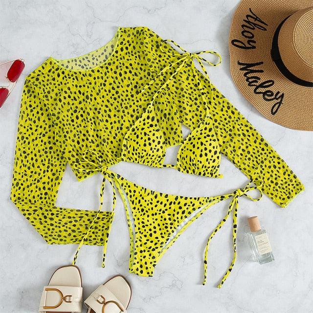 Leopard Print 3 Piece Swimsuit Set with Long Sleeves
