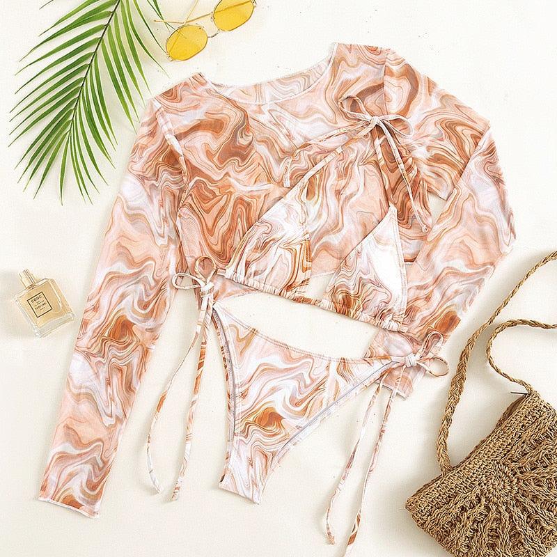 Leopard Print 3 Piece Swimsuit Set with Long Sleeves