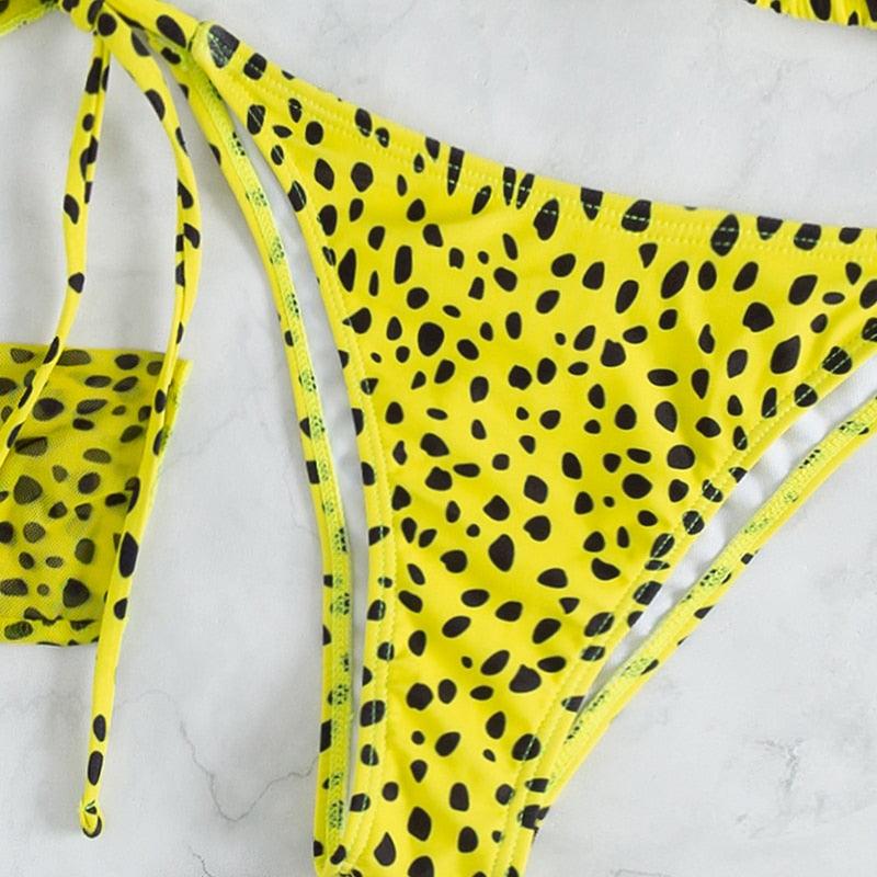 Leopard Print 3 Piece Swimsuit Set with Long Sleeves