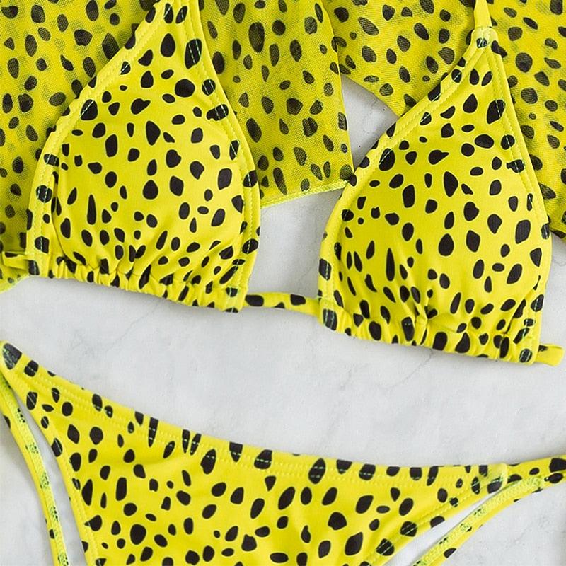 Leopard Print 3 Piece Swimsuit Set with Long Sleeves