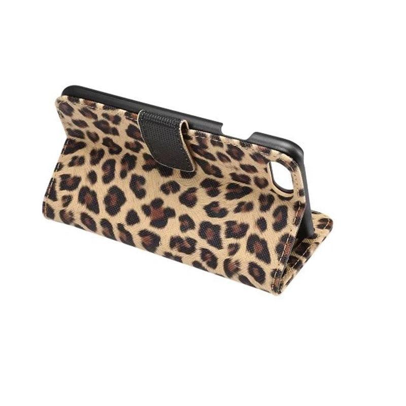 Housse portefeuille en PU cuir imprimé léopard pour iPhone