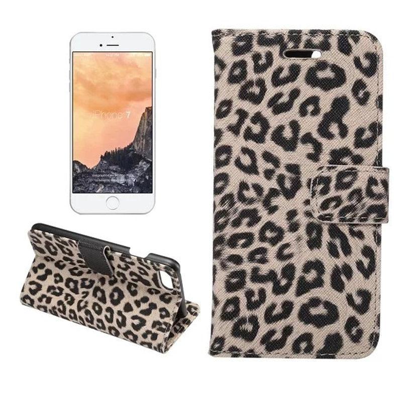 Housse portefeuille en PU cuir imprimé léopard pour iPhone