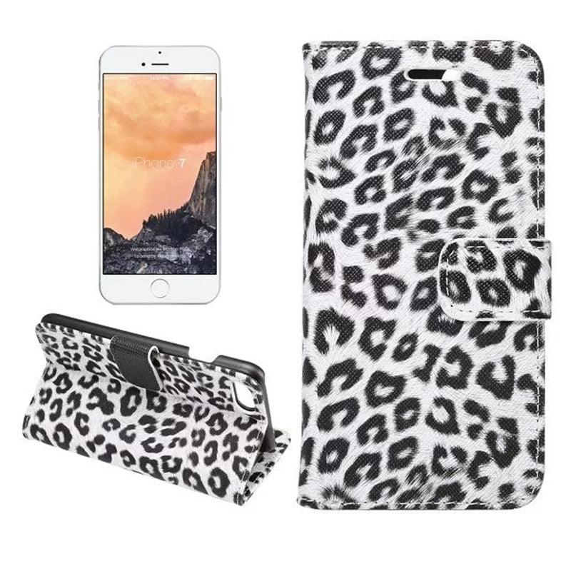 Housse portefeuille en PU cuir imprimé léopard pour iPhone