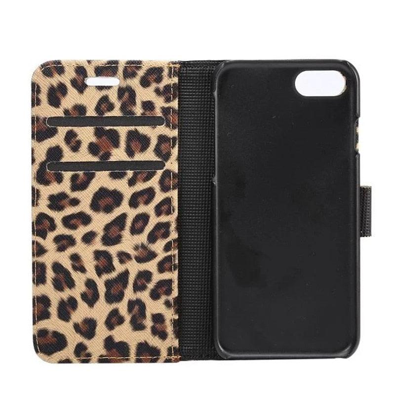 Housse portefeuille en PU cuir imprimé léopard pour iPhone