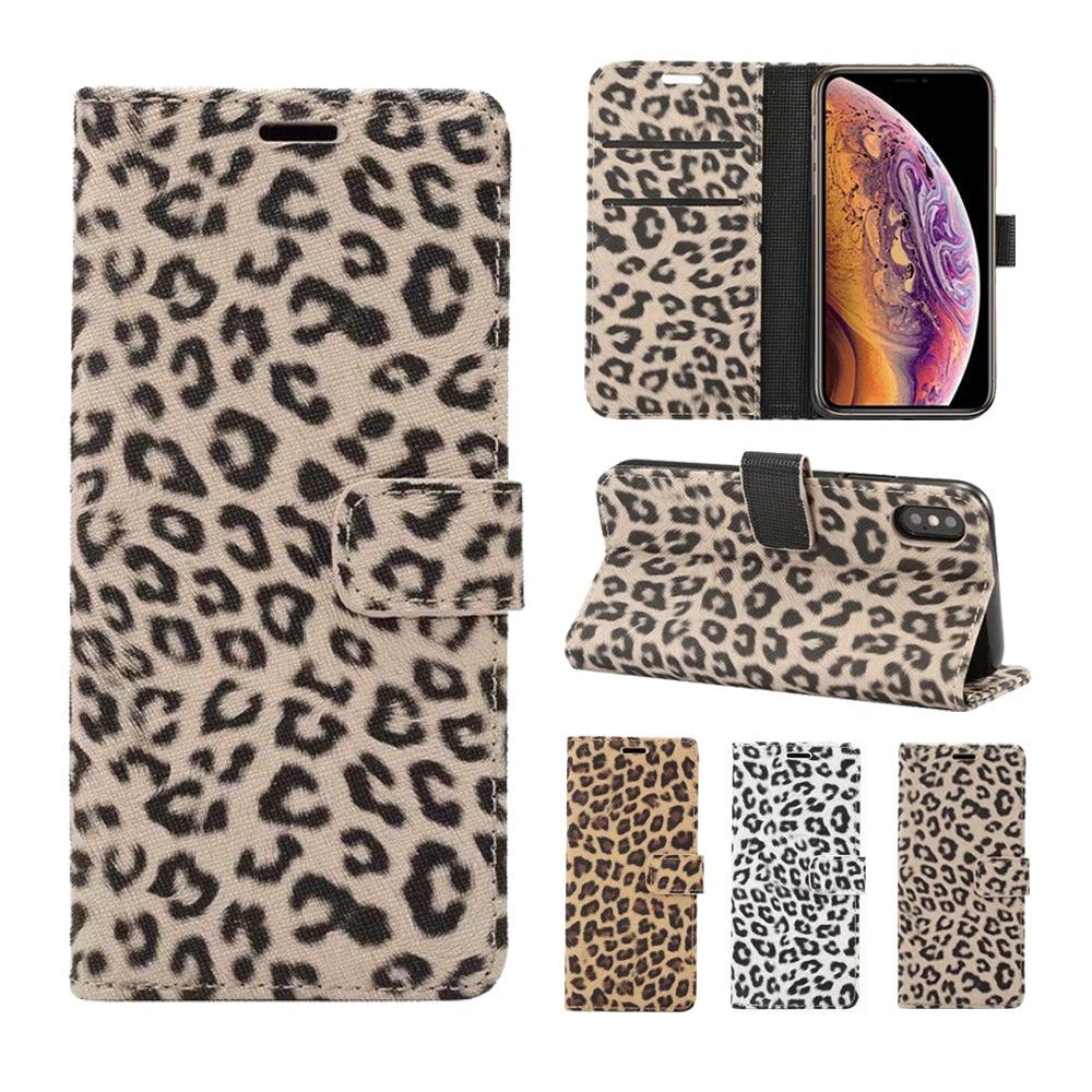Housse portefeuille en PU cuir imprimé léopard pour iPhone