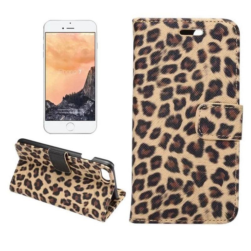 Housse portefeuille en PU cuir imprimé léopard pour iPhone