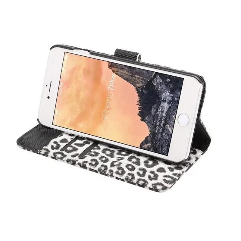 Housse portefeuille en PU cuir imprimé léopard pour iPhone