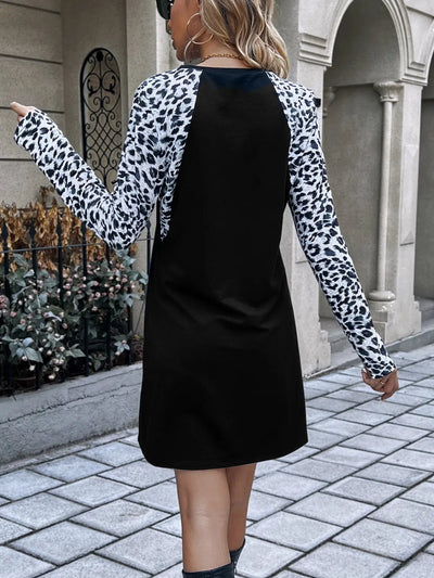 Leopard Round Neck Long Sleeve Dress - Korvel