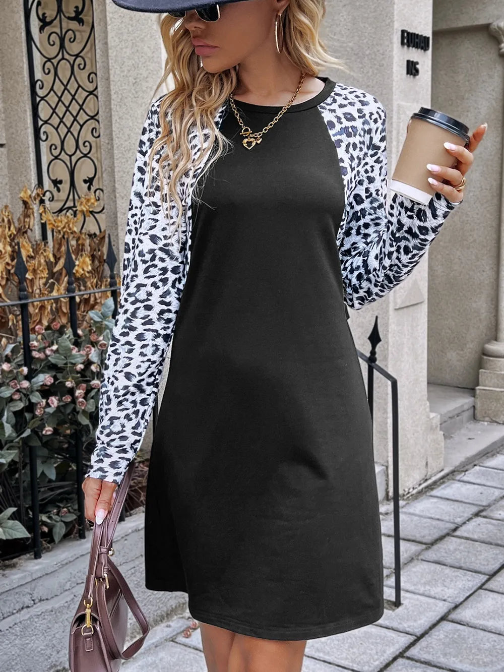 Leopard Round Neck Long Sleeve Dress - Korvel