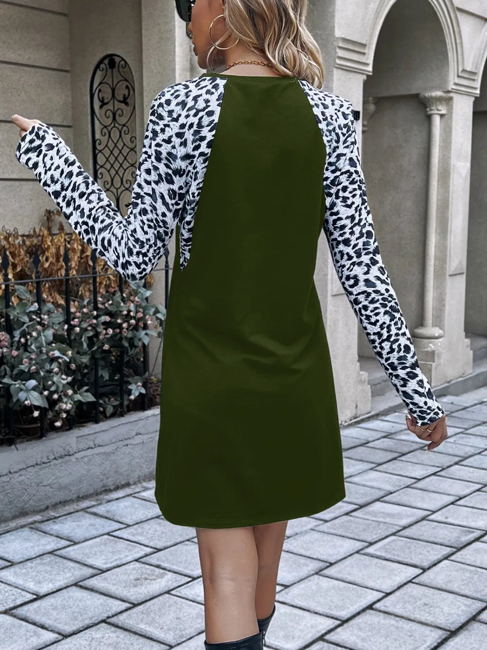 Leopard Round Neck Long Sleeve Dress - Korvel