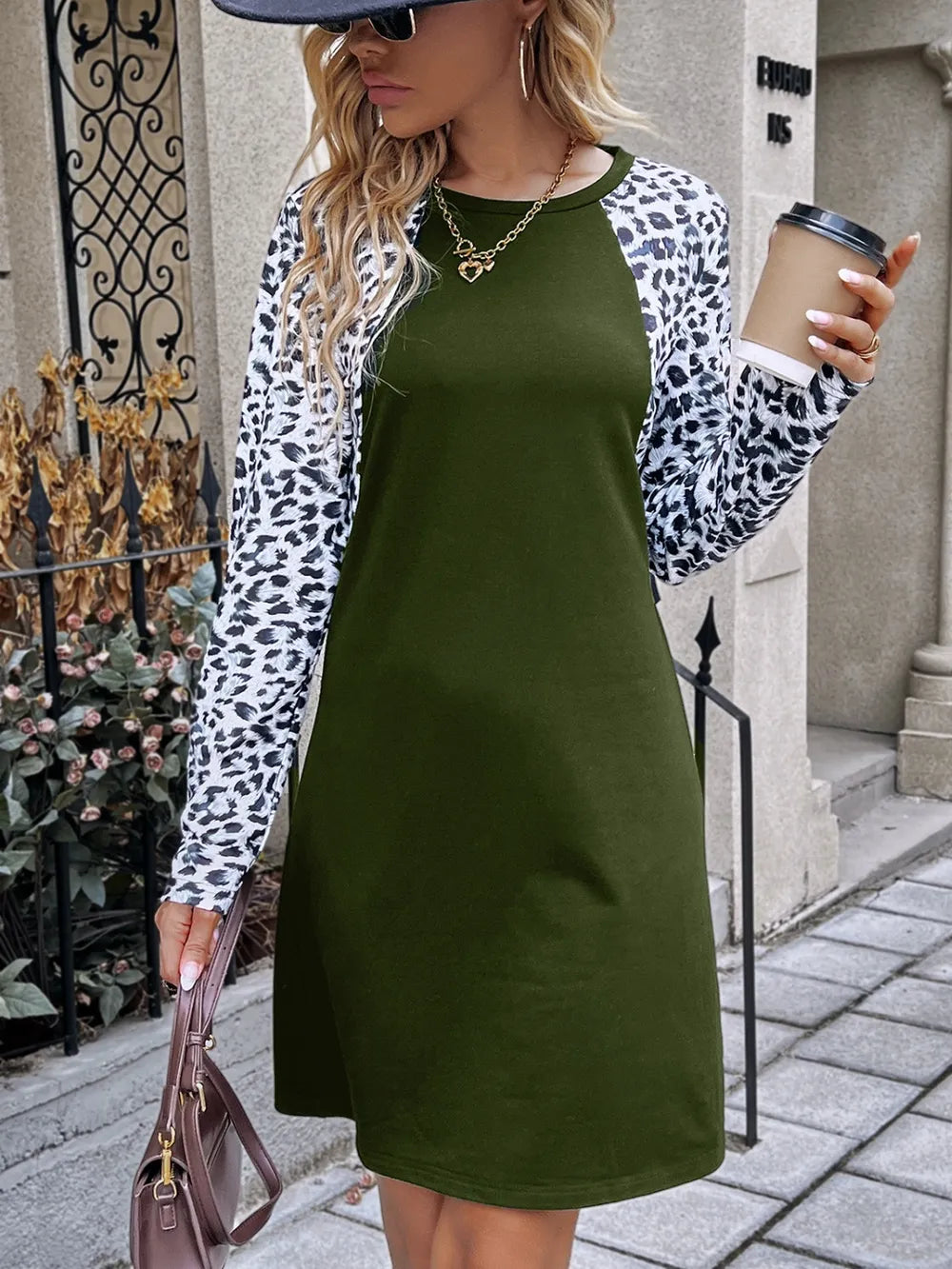Leopard Round Neck Long Sleeve Dress - Korvel