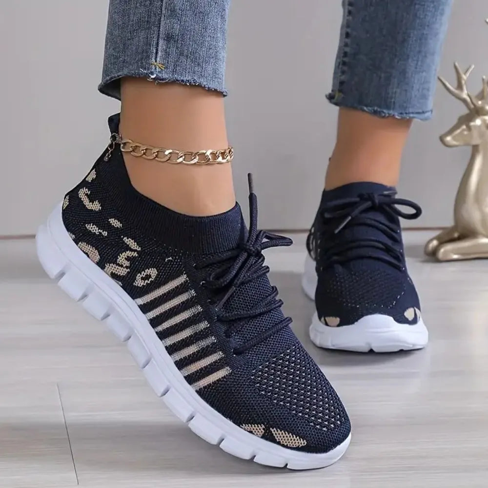 Leopard Round Toe Lace Up Athletic Sneakers