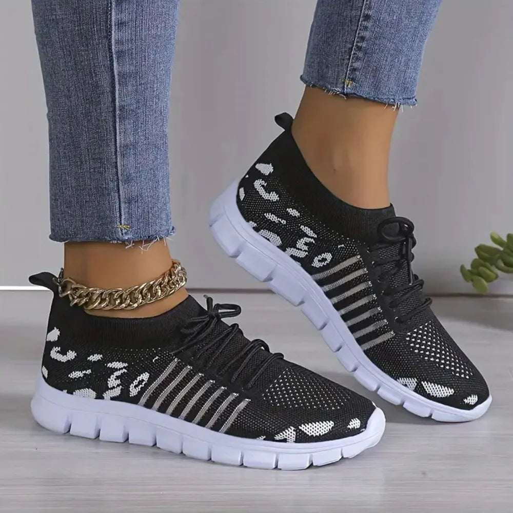 Leopard Round Toe Lace Up Athletic Sneakers
