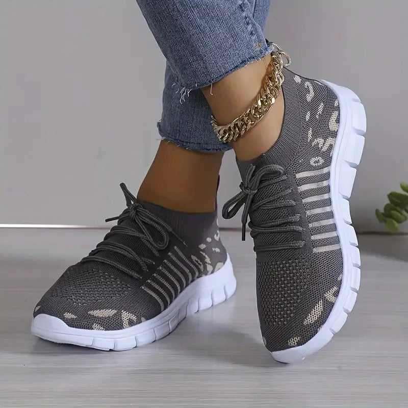 Leopard Round Toe Lace Up Athletic Sneakers