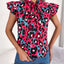 Leopard Tie Neck Cap Sleeve Blouse - Korvel