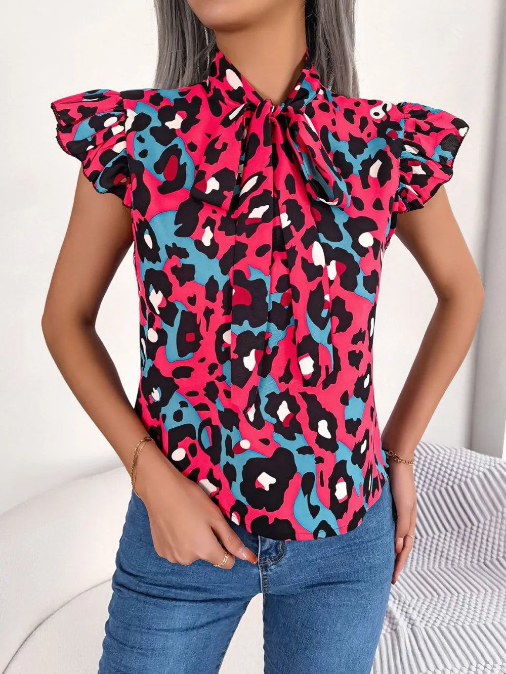 Leopard Tie Neck Cap Sleeve Blouse - Korvel