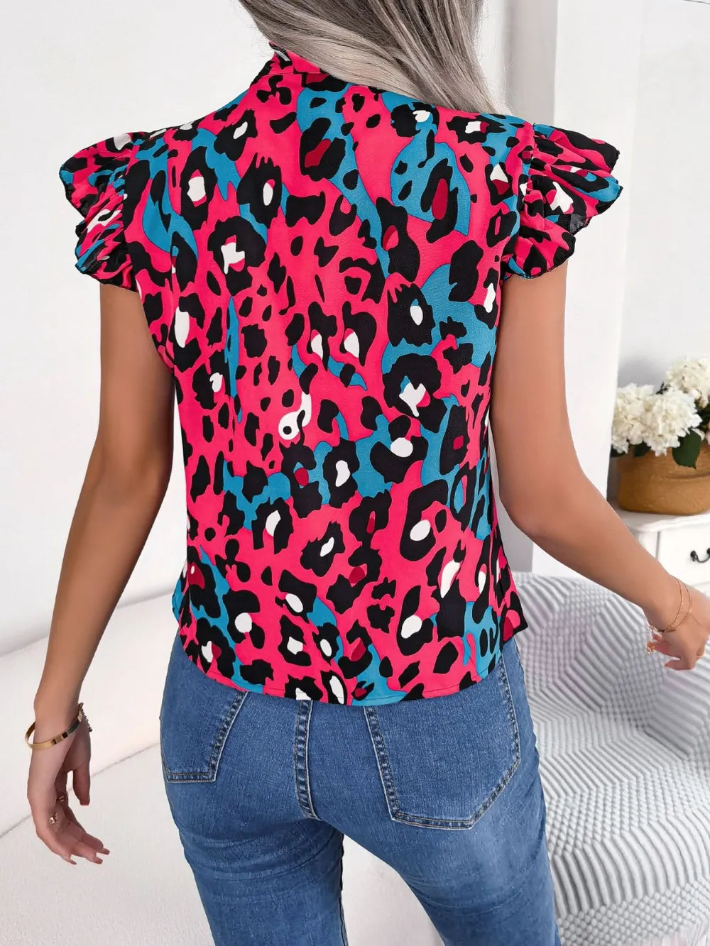 Leopard Tie Neck Cap Sleeve Blouse - Korvel