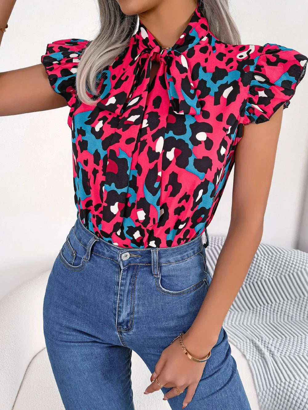 Leopard Tie Neck Cap Sleeve Blouse - Korvel