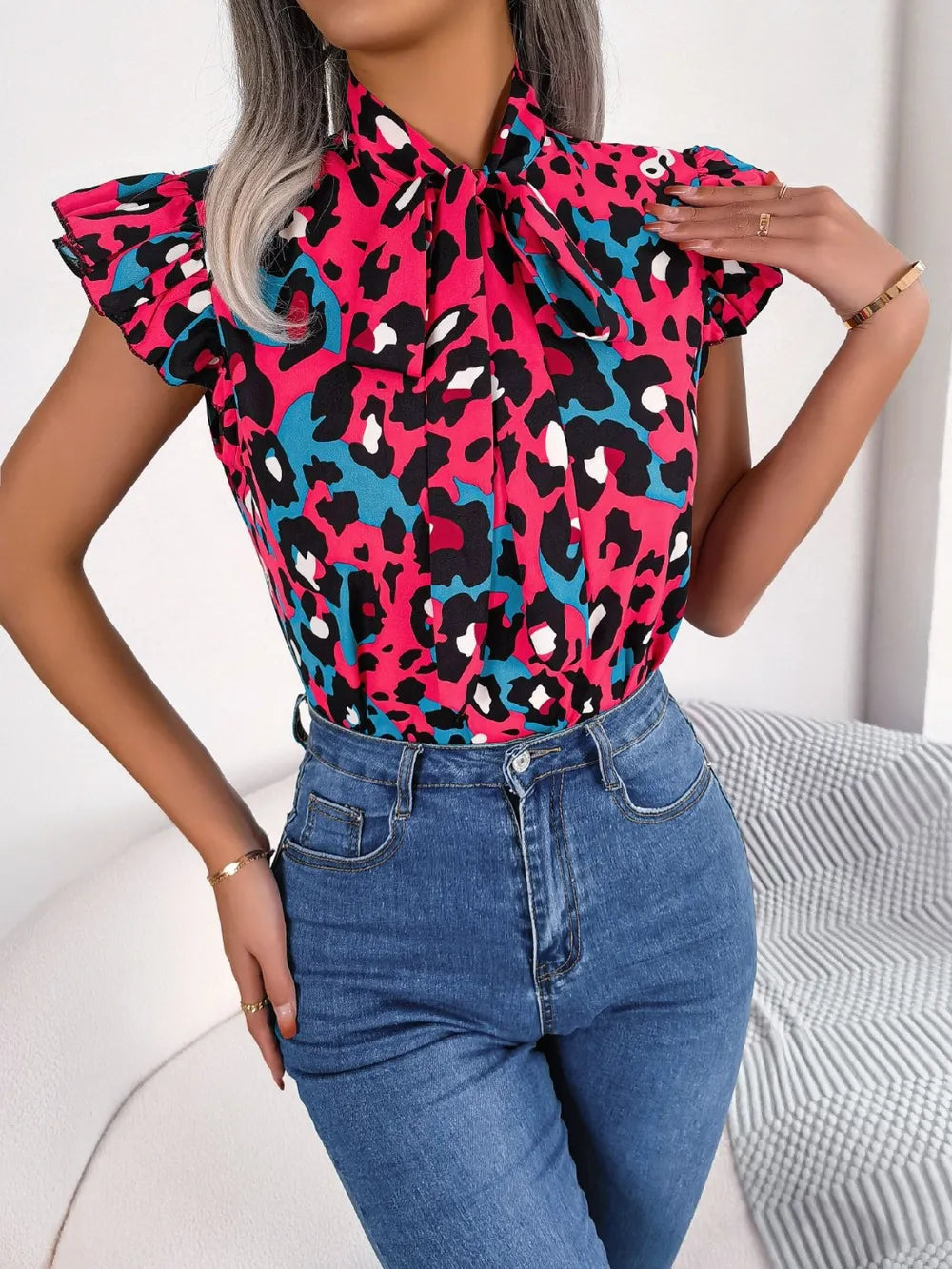 Leopard Tie Neck Cap Sleeve Blouse - Korvel