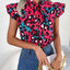 Leopard Tie Neck Cap Sleeve Blouse - Korvel