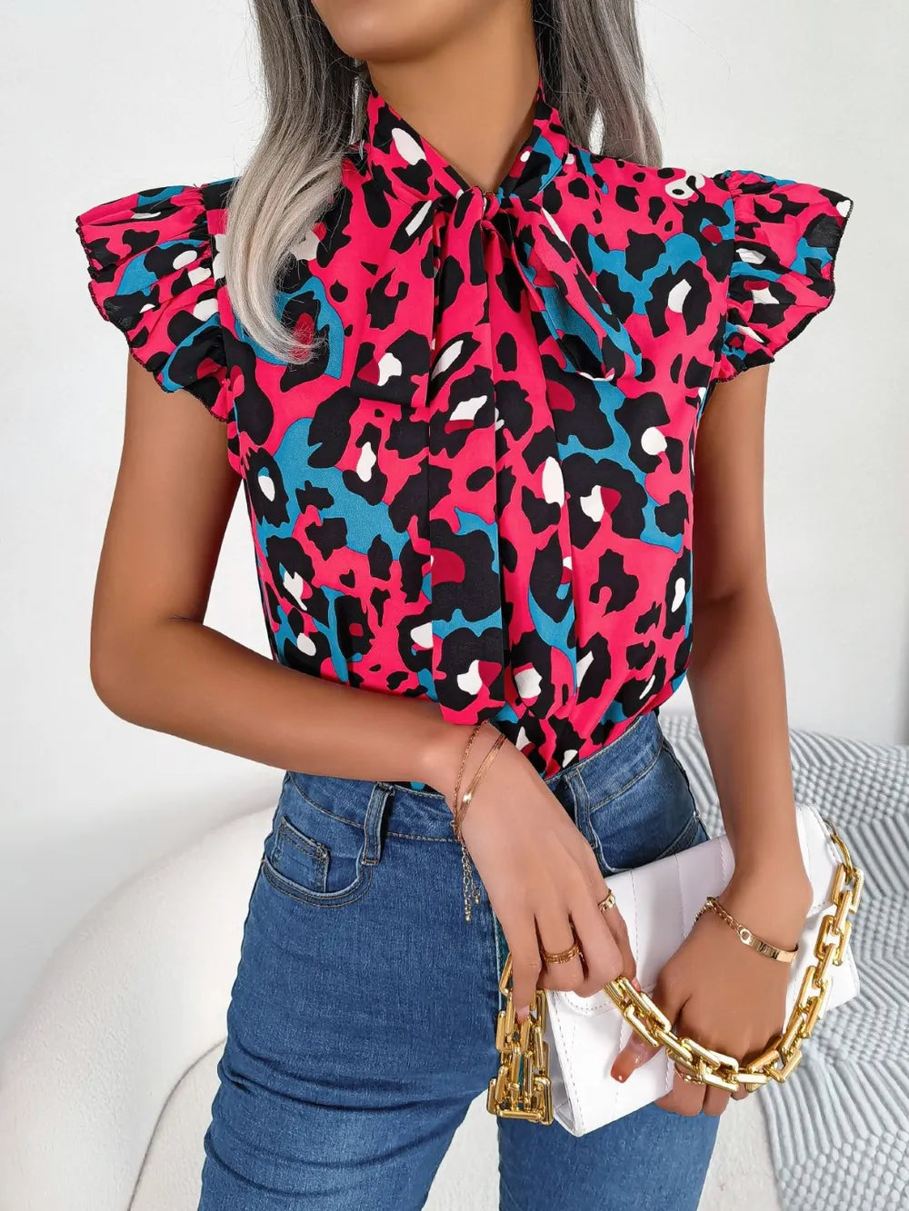 Leopard Tie Neck Cap Sleeve Blouse - Korvel