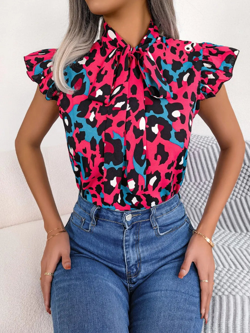 Leopard Tie Neck Cap Sleeve Blouse - Korvel