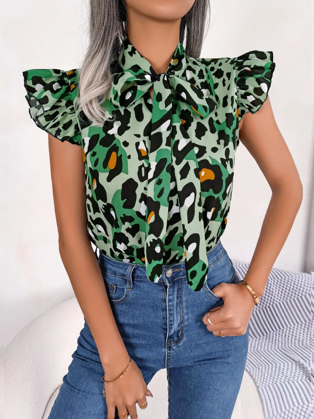 Leopard Tie Neck Cap Sleeve Blouse - Korvel