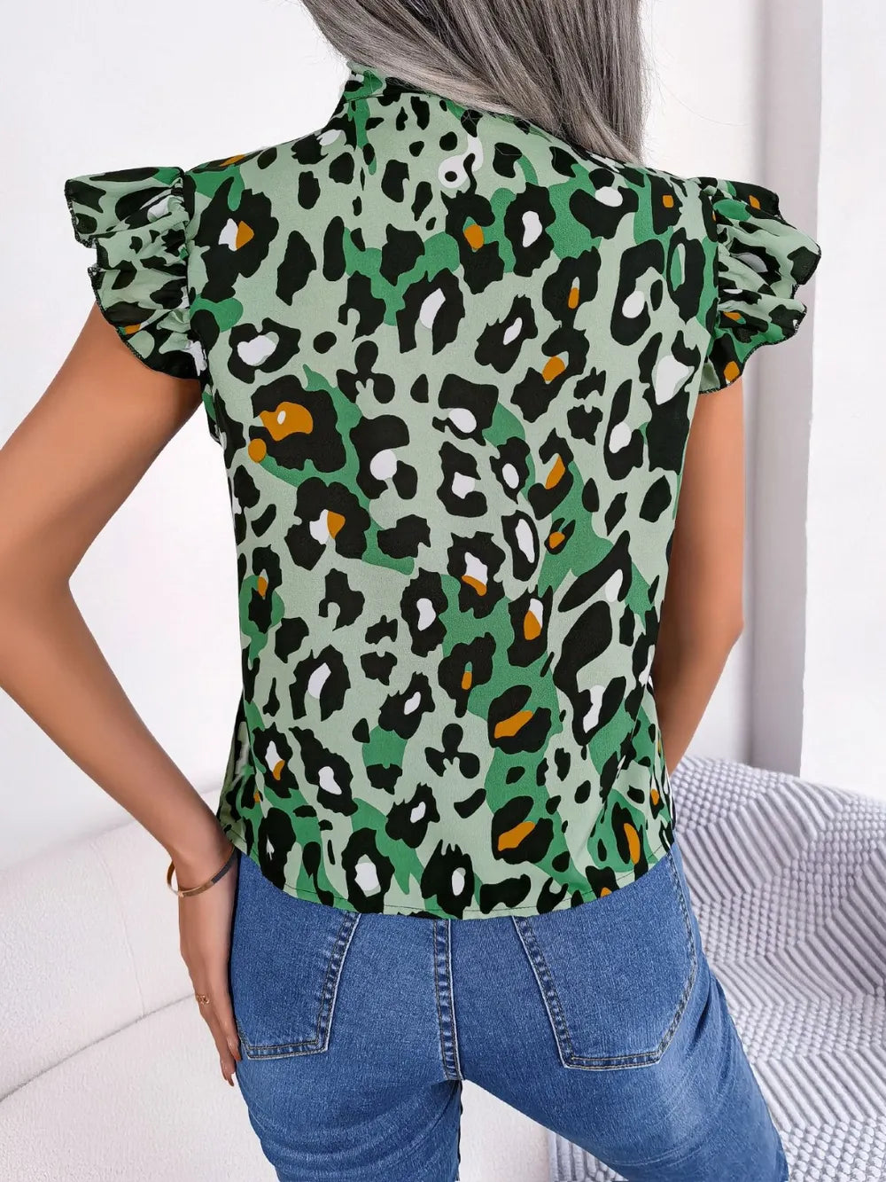 Leopard Tie Neck Cap Sleeve Blouse - Korvel