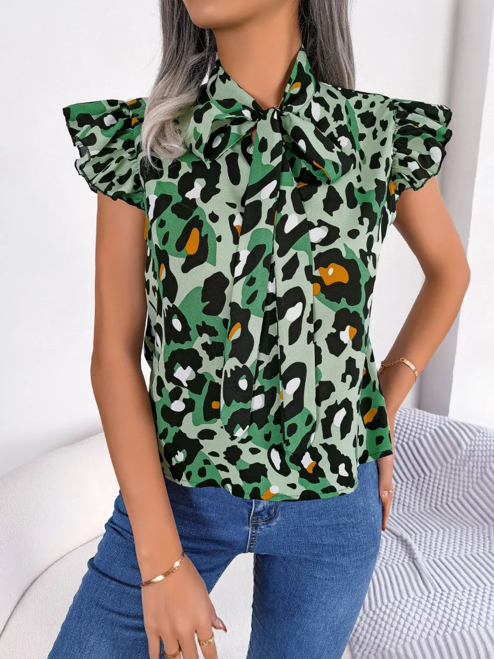 Leopard Tie Neck Cap Sleeve Blouse - Korvel