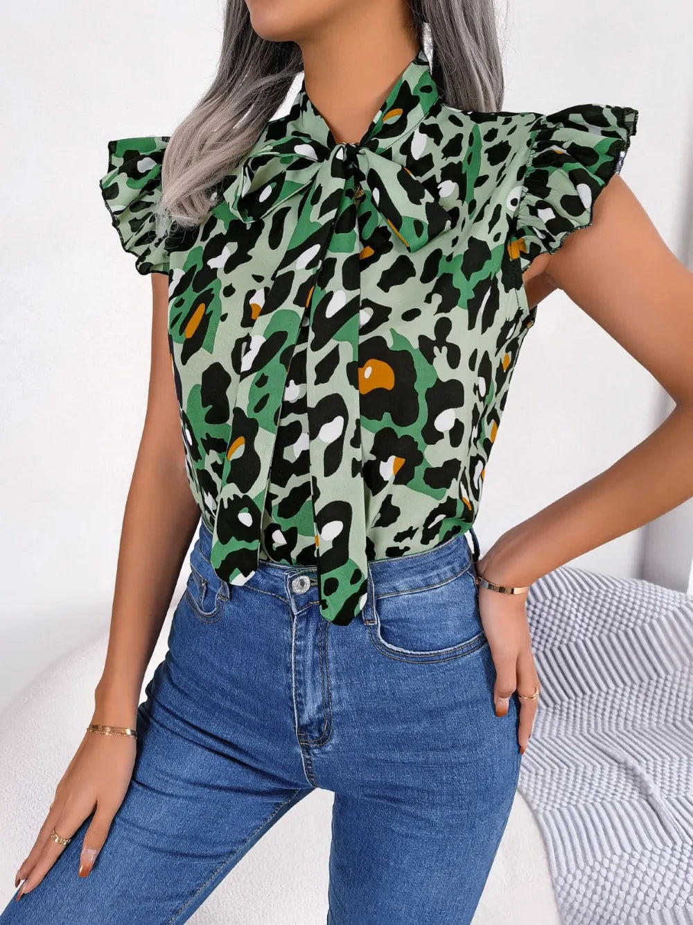 Leopard Tie Neck Cap Sleeve Blouse - Korvel