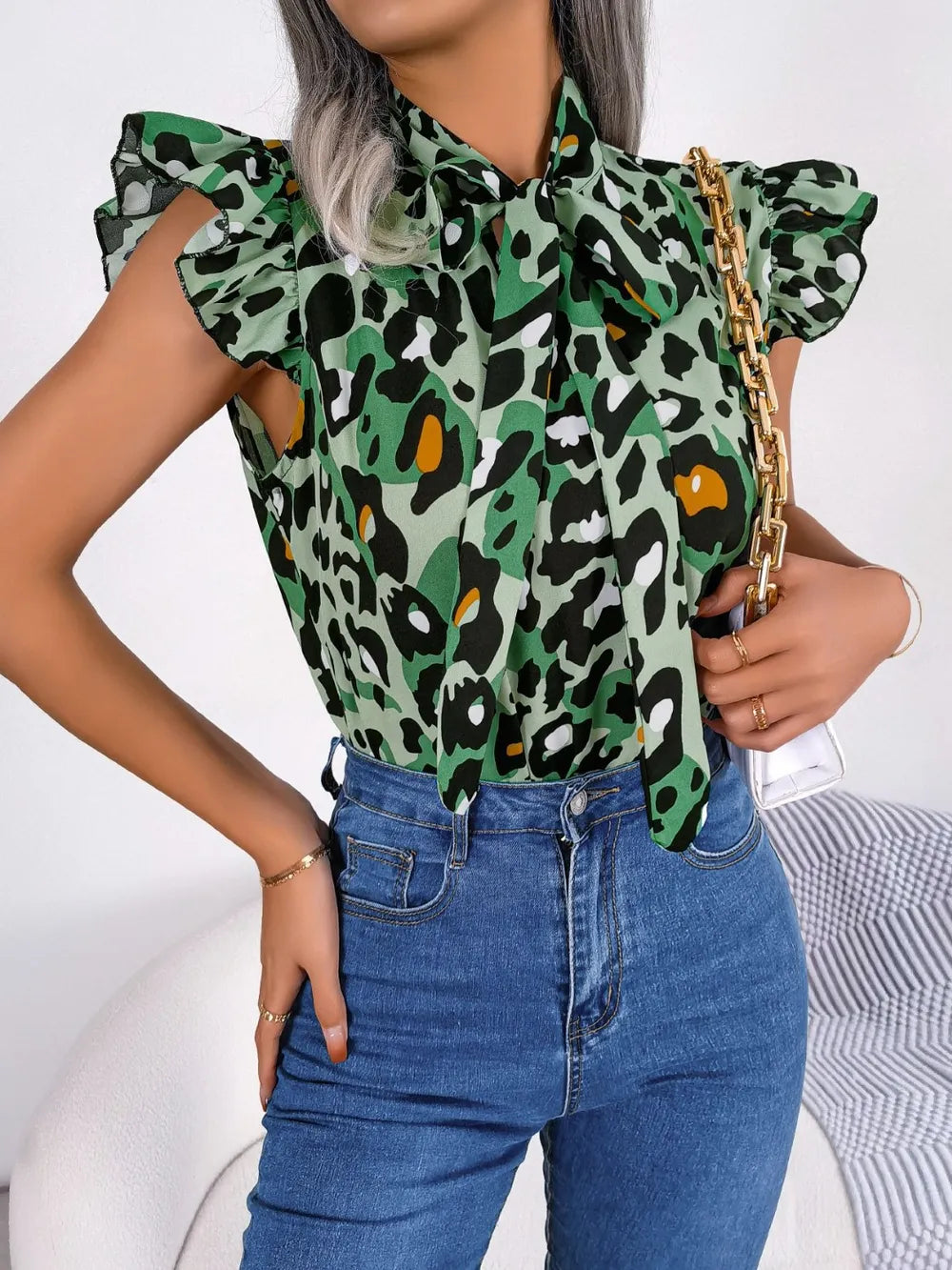 Leopard Tie Neck Cap Sleeve Blouse - Korvel