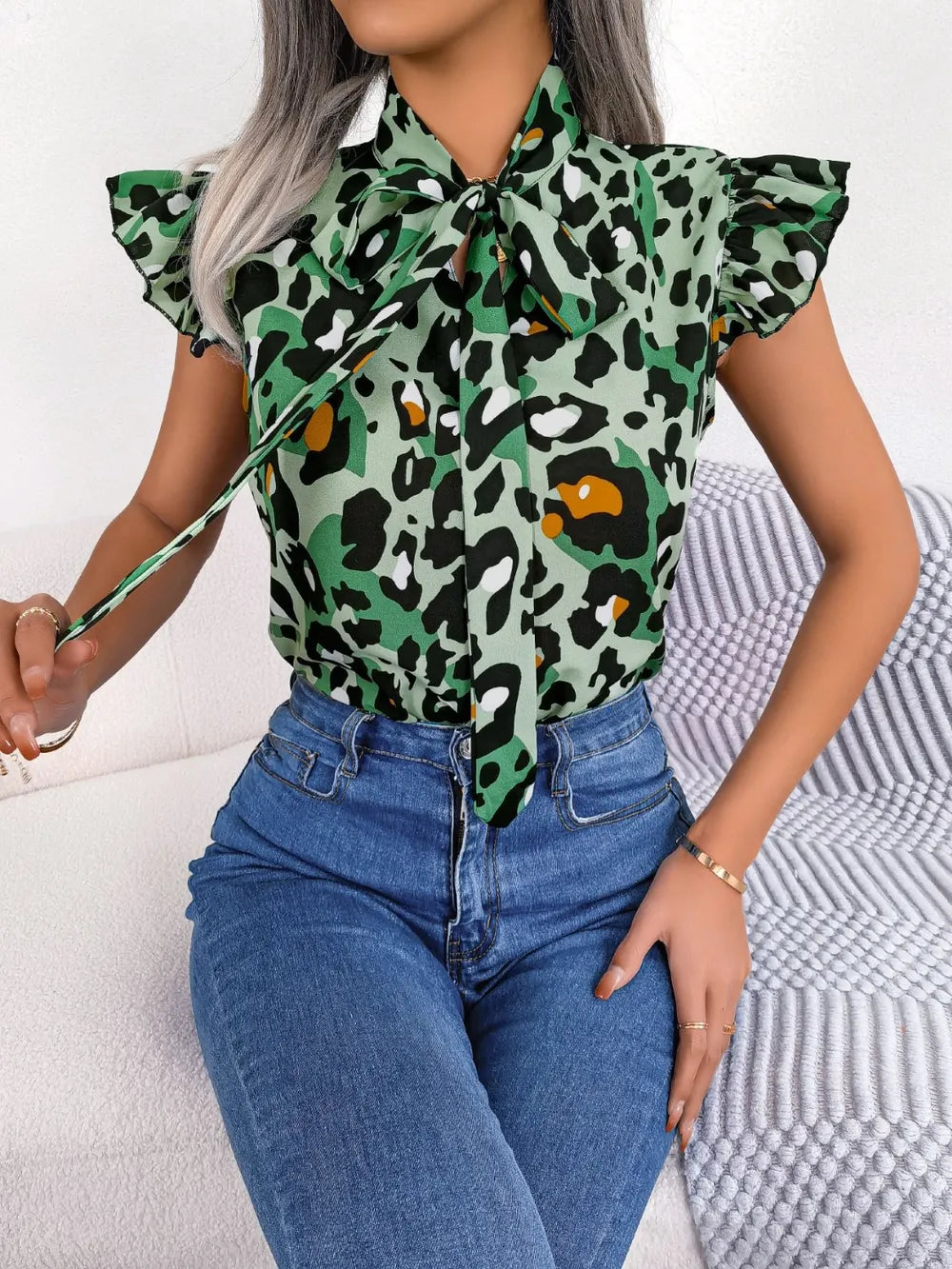 Leopard Tie Neck Cap Sleeve Blouse - Korvel